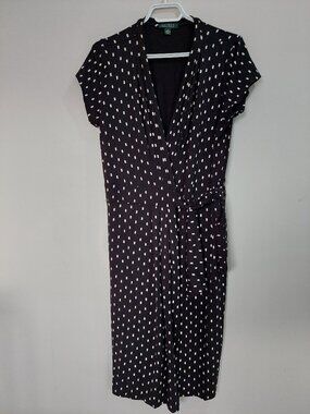 Lauren Ralph Lauren Size L Tie Waist Wrap Dress Black & White Classic Career